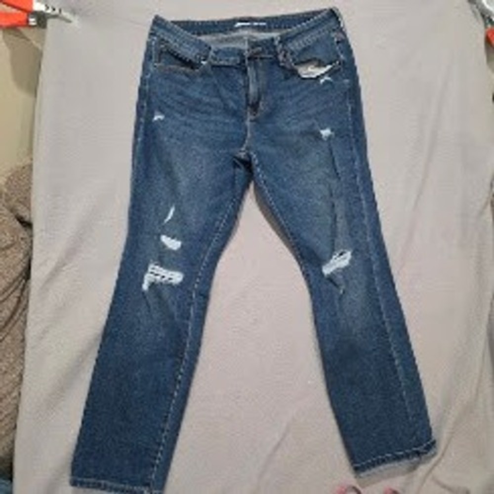 Old Navy Power Straight Distressed Ripped Jeans Dark Wash Denim Womens 12 Petite